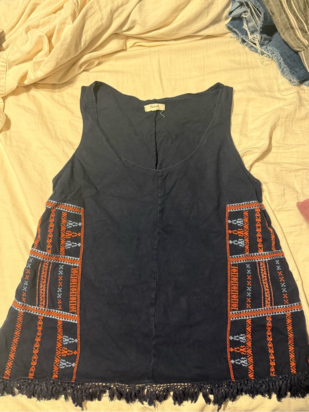 Madewell Embroidered Navy Sleeveless Boho Top